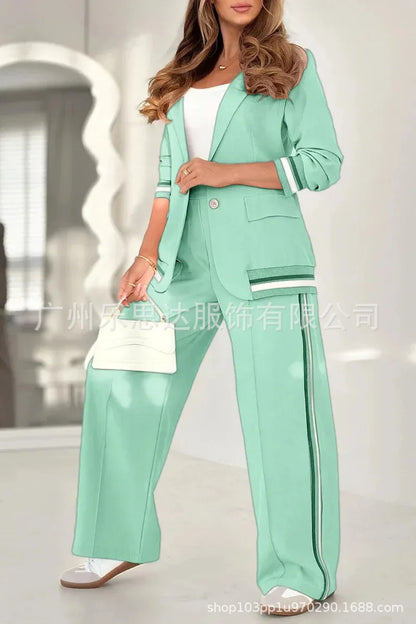 Women Suit Jacket 2 Piece Sets Striped Blazer Coat Turn Down Collar Single Breasted Wide Leg Pants Ensemble Office Lady Outfits Good Vibrations