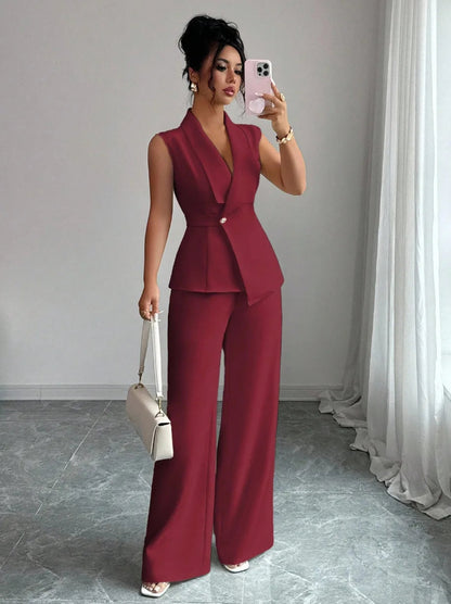 Women's Elegant 2 Piece Outfit Sleeveless V-Neck Single Button Blazer Vest and Wide Leg Pants Set Business Office Workwear Sui Good Vibrations