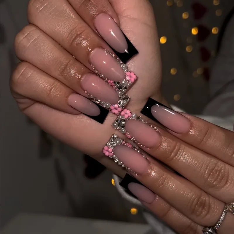 24Pcs Brown Long Coffin False Nails Glitter Ballet Wearable with French Design Fake nails Full Press on Nail Ins Nail Tips Art Good Vibrations