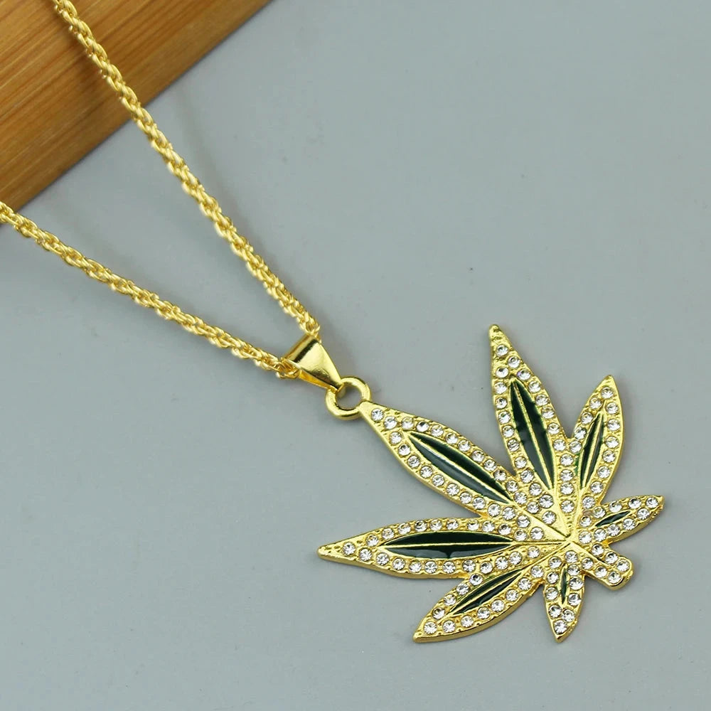Rhinestone Weed Pendant Necklace Maple Leaf Necklaces Gold Color Chains for Women men Male Steampunk Jewelry Good Vibrations Adult Super Store