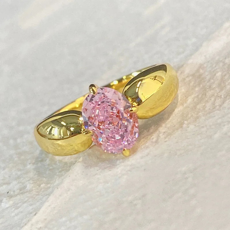 Pink Cubic Zirconia Ring Suitable for Women's Engagement Wedding Luxury Accessories Sparkling Silver Fashion Jewelry Good Vibrations