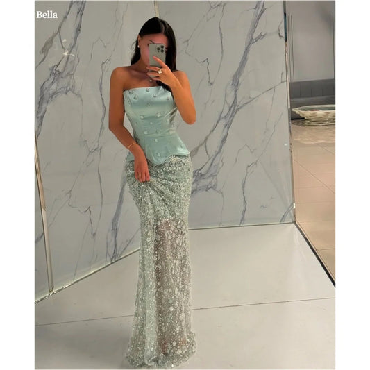 Bella Customize Green Beaded Mermaid robes de soirée Strapless Sleeveless Prom Dresses Floor-Length Pearls Wedding Dress 2025 Good Vibrations