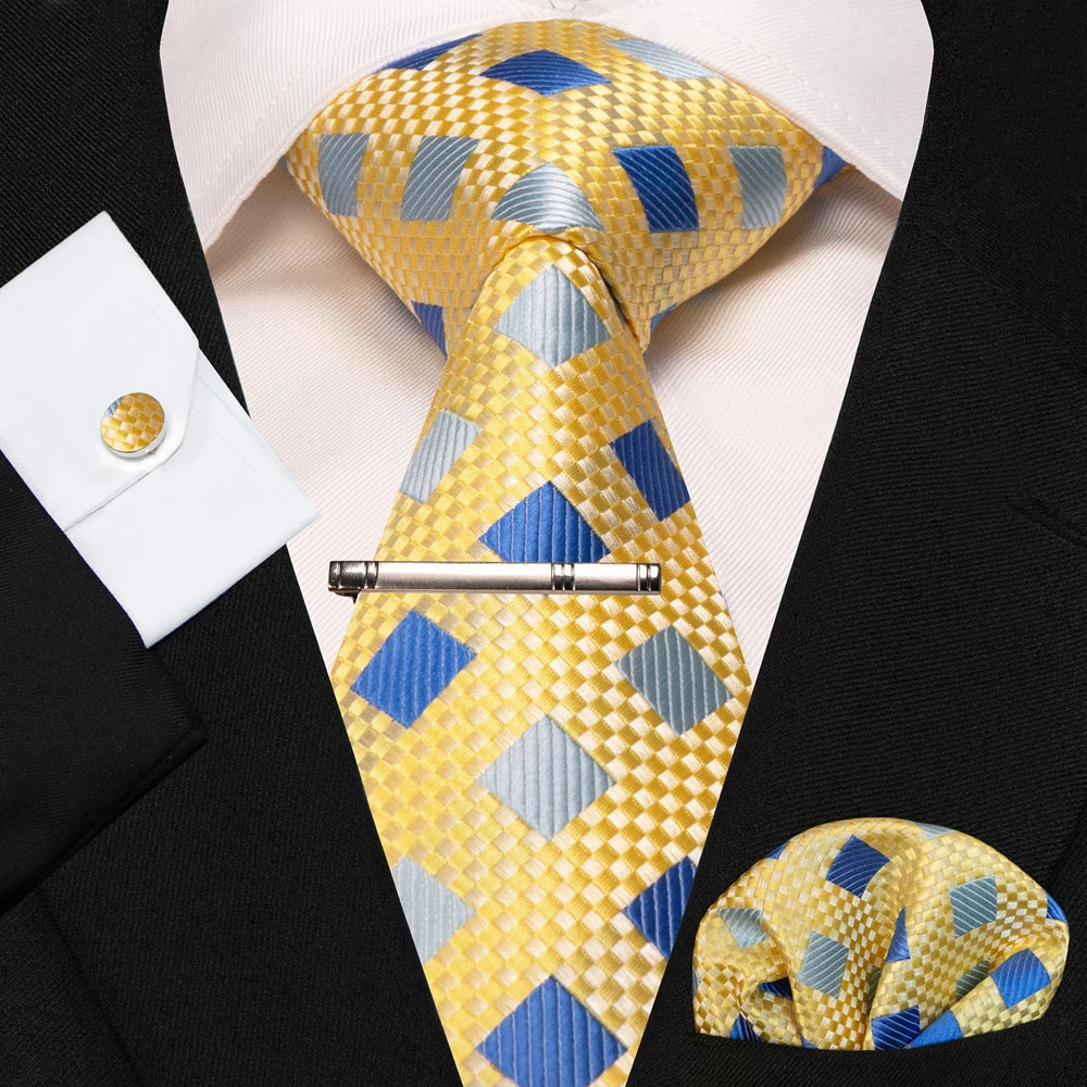 8cm Silk Mens Ties Green Black Ties plaid stripe NeckTie Pocket Square Cufflinks Tie clips Set Men's Wedding business Party Tie Good Vibrations