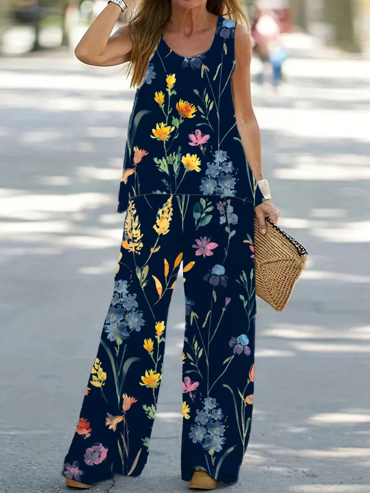 1XL-8XL Plus Size Women's Casual Outfits Two Piece Set Solid Round Neck Tank Top  Wide Leg Pants Outfits 2 Piece Set Good Vibrations