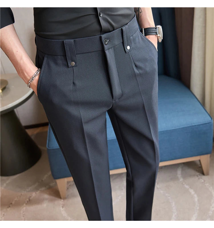Mens Suit Pants 2025 Autumn New British Style Elastic Waist Solid Casual Formal Dress Pants Slim Fit Trousers for Men Clothing Good Vibrations