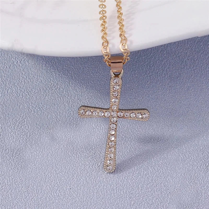 Fashion Cross Necklace for Women Men Gold Silver Color Dazzling Crystal Jesus Crucifix Necklace Christian Jewelry Wholesale Good Vibrations