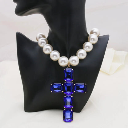 Fashionable and exaggerated large glass cross necklace pendant, luxurious Christmas gift jewelry Good Vibrations