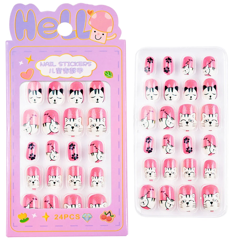 24Pcs/box Kids nails for Girl Cartoon Pattern False Nail Cute Child Fake Nails Tips Kawaii Acrylic Artificial Press on Nail+Tool Good Vibrations