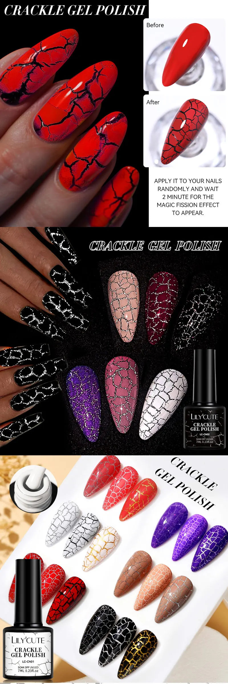 LILYCUTE 7ml Crackle Gel Nail Polish Quick Dry Marble Cracking Effect Gel Semi Permanent Soak Off Nail Art Varnish Manicure Good Vibrations
