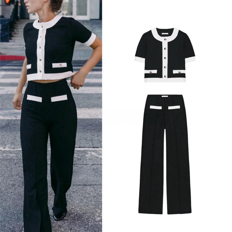 Women's Faion Set Casual Sle round Ne ort Sve Coat And High Waist Pants Elastic Waist Color Blo Pearl Woolen Jaet Good Vibrations