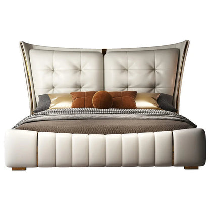 Light Luxury Leather King/Queen Bed Modern Soft Package Bed and Bedside Table for Bedroom Wedding Bed Solid Wood Bed Frame Good Vibrations