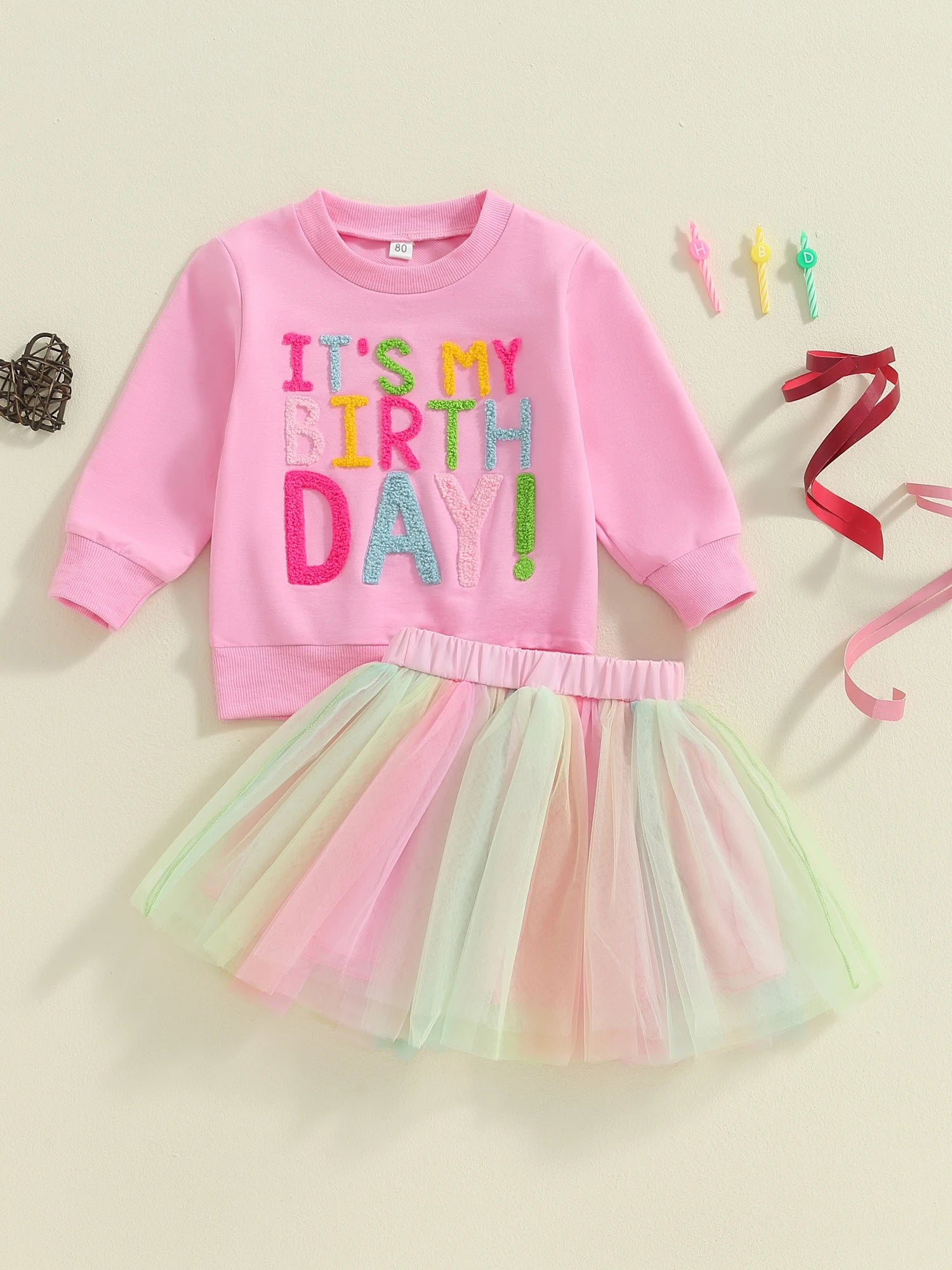 Toddler Birthday Clothes Baby Girl Tutu Skirt Outfit Letter Print Sweathsirt Rainbow Tulle Skirt Fall Winter Sets Good Vibrations