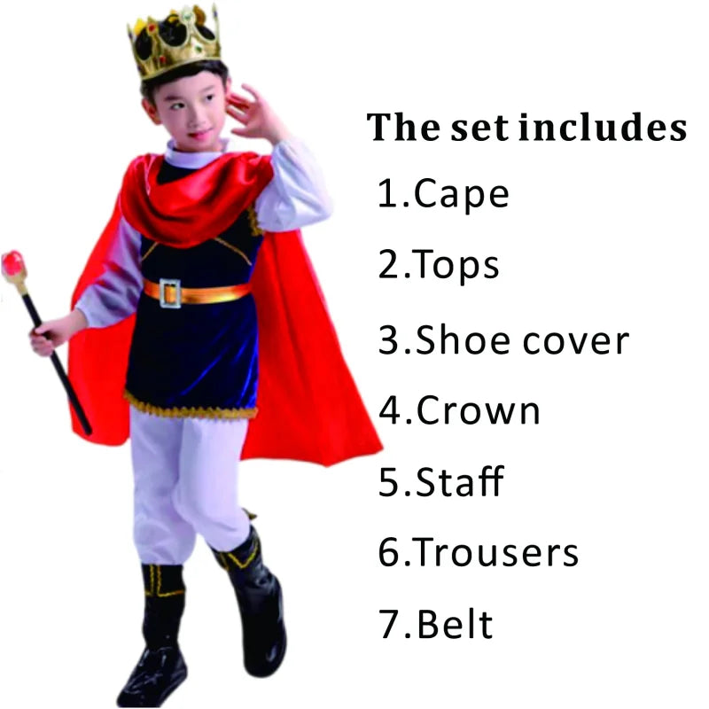 7 Pieces Boys King Carnival Costume Medieval Royal Prince Full Set Outfits for Halloween Birthday Party Fancy Dress Up Good Vibrations
