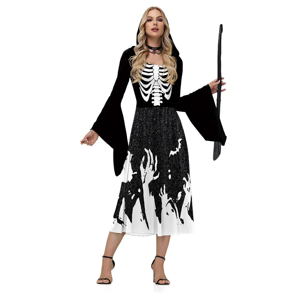 Halloween Skeleton Cosplay Costumes for Women Medieval Robe Vintage Party Hooded Dress Witch Scary Clothes Day of The Dead Good Vibrations