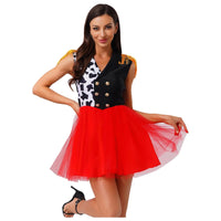 Halloween Clown Cosplay Costumes for Women Killer Circus Ringmaster Clown Dress Notch V Neck Tassel Epaulets Tulle Hem Dresses Good Vibrations