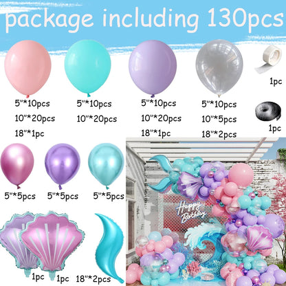 130pcs Mermaid Theme Balloon Garland Arch Kit Shell Foil Balloons Ocean Birthday Wedding Party Decorations Baby Shower Supplies Good Vibrations