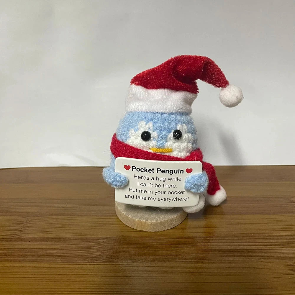 Crochet Energy Penguin Hug Pocket Mini Hand-woven Plush Wool Knitting Doll with Card Funny Christams Gift Home Room Decoration Good Vibrations