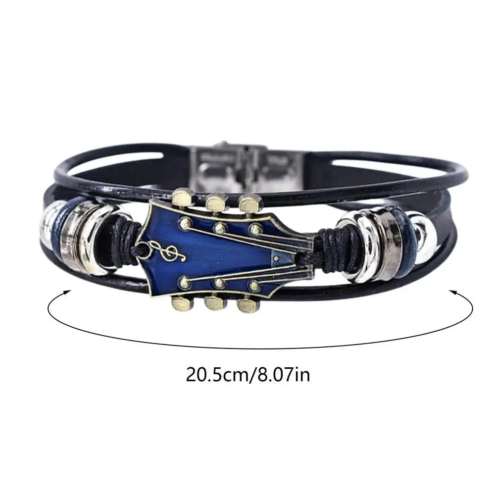 Punk Style Braided Guitar Bracelet Zinc Alloy Adjustable Buckle Manual Woven Faux Leather 3-Layered Punk Retro Wrist Jewelry Good Vibrations