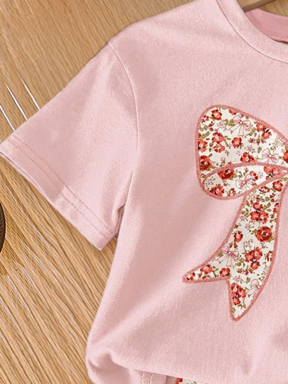 2-Piece Set of Simple and Versatile Casual Summer Outfits for Girls: Toddler Girls' Bowknot Round-Neck Short-Sleeve Top + Elastic Waist Floral Print Shorts, Outdoor Stylish and Youthful Children's Clothing Good Vibrations