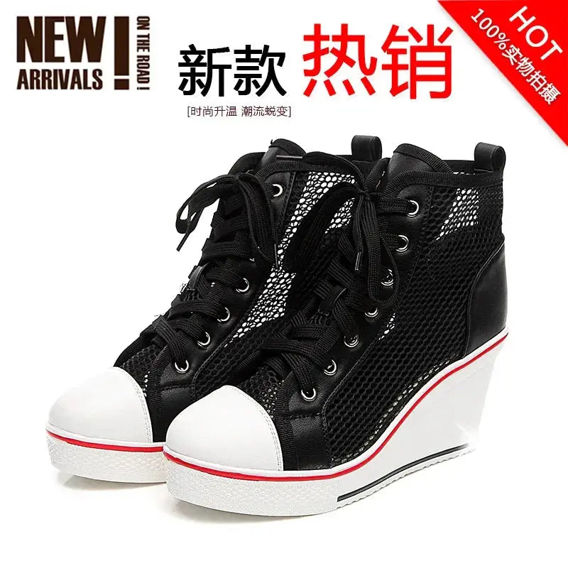 2025  Wedge Heel 8cm Height Increasing Net Shoes Thick Bottom Sandals Women's Casual Lace-up Shoes High-top Hollow Women's Shoes Good Vibrations