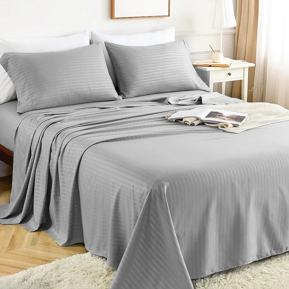 Battilo Bed Sheets 4 Pieces Set Luxury Fitted Flat Sheet with Pillowcases Solid Stripe Bedding Set For Twin Full Queen King Size Good Vibrations