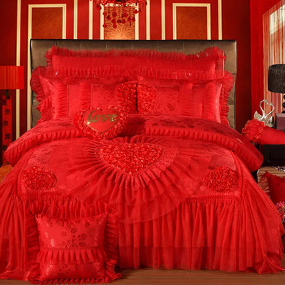 Luxury Wedding Bedding Sets Queen King Size Pink Princess Lace Bedcover Set Jacquard Duvet Cover Bed Sheet Pillowcases Good Vibrations