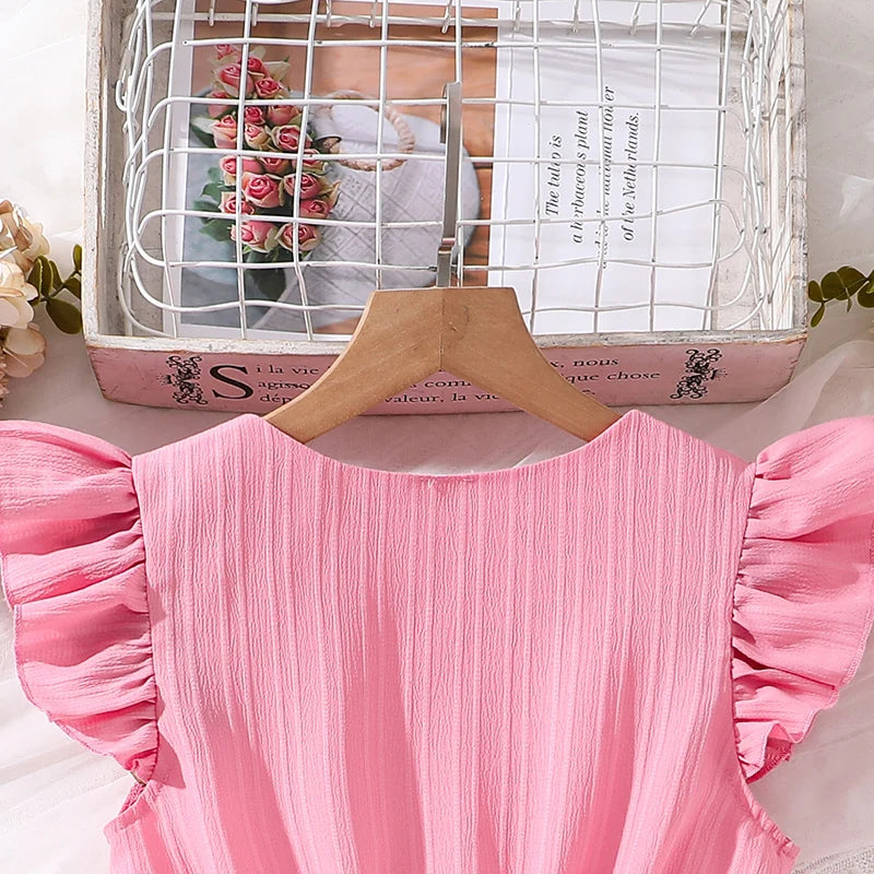 Kids Dresses for Girls 8-12 Years Pink Small Flying Sleeves V-Neck Dress 2024 New Summer Teenager Sweet Casual Daily Dress Good Vibrations