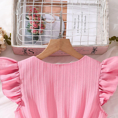 Kids Dresses for Girls 8-12 Years Pink Small Flying Sleeves V-Neck Dress 2024 New Summer Teenager Sweet Casual Daily Dress Good Vibrations