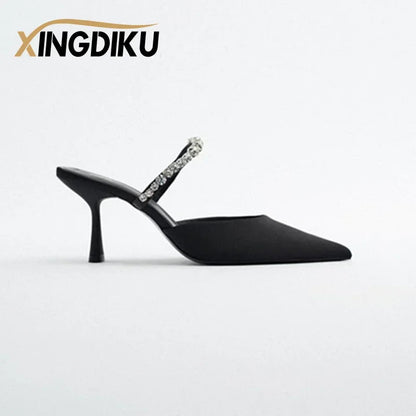 High Heel Sandals Summer 2022 New Pointed Toe Stiletto Black Sexy Ladies Sandals Rhinestone Sequins Big Size Slippers shoe woman Good Vibrations