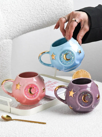 Ceramic Starry Sky Cup Sparkling Cup with High Appearance, Colorful Stars, Creative Birthday Gift, Mug with Hand Gift, Water Cup Good Vibrations Adult Super Store