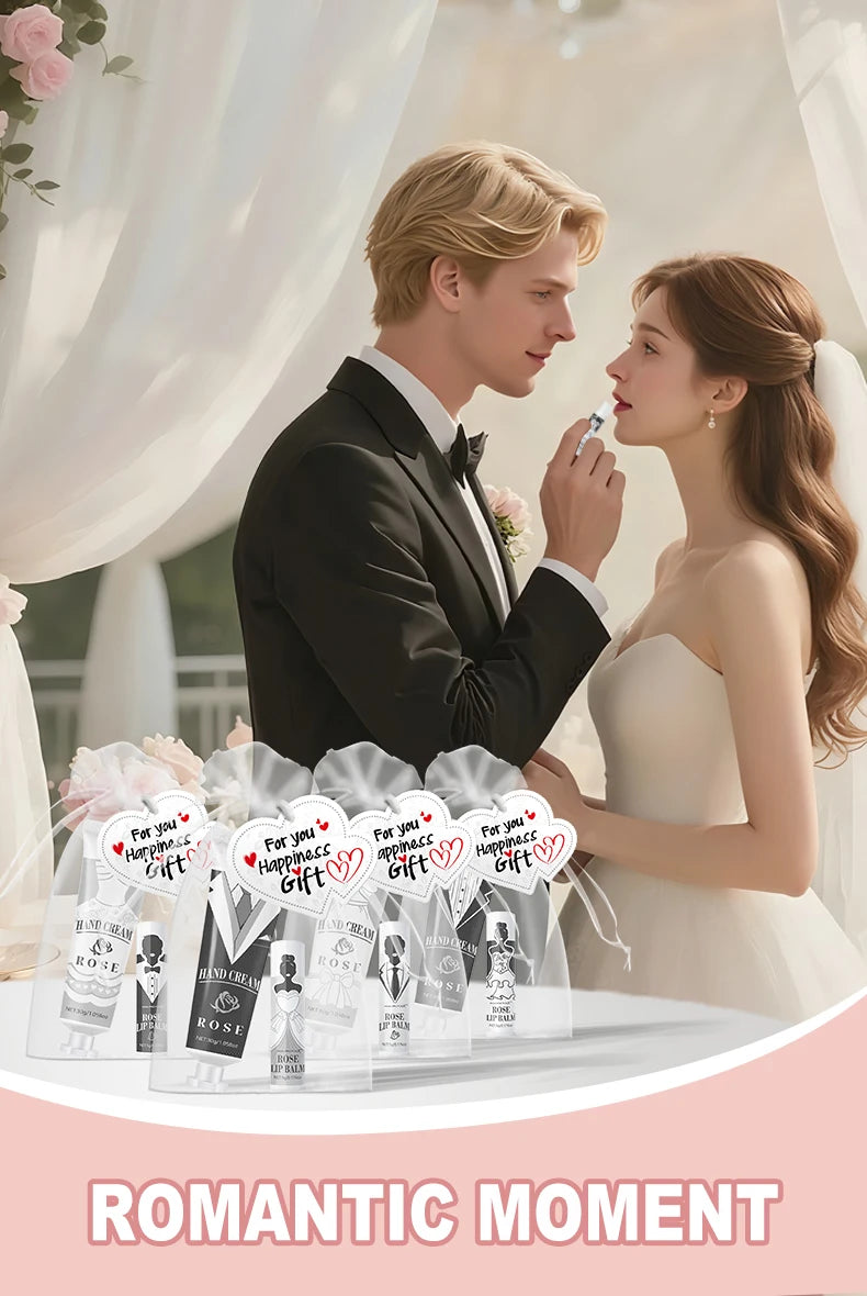20 sets of wedding dress and suit theme gifts include hand cream, lipstick, white drawstring bag and wedding love greeting card