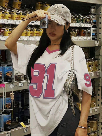 2025 Summer New Retro No.91 Printed T-Shirt For Women V-Neck Short Sleeve Sports Football Jersey Y2K Loose Oversized Tops Good Vibrations