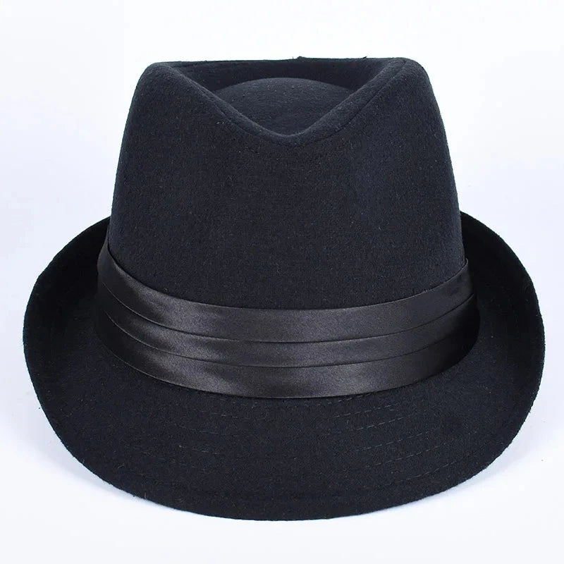 Classic Fedora Men's Hats 2025 Casual Short Sleeve Trilby Top Hat French England Elegant Ribbon Jazz Cap Fedoras Black Felt Hat Good Vibrations