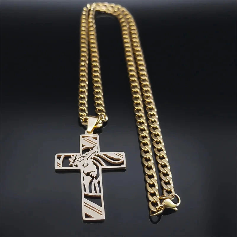Hip Hop Punk Crown of Thorns Jesus Cross Necklace for Men Stainless Steel Gold Plated Crucifix Pendant Necklaces Jewelry N8052 Good Vibrations