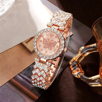 6 Piece Jewelry Set Rose Gold Luxury Watches Women Rings Necklace Earrings Rhinestone Fashion Watches Casual Women Watches Good Vibrations Adult Super Store