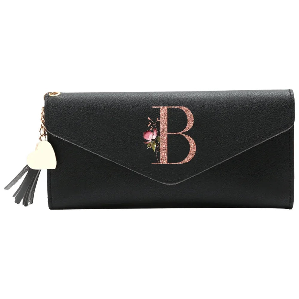 Wallet Black Small Leather Coin Purse Rfid Blocking Wallet Rose Gold Pattern Mini Purse with ID Window for Women Good Vibrations