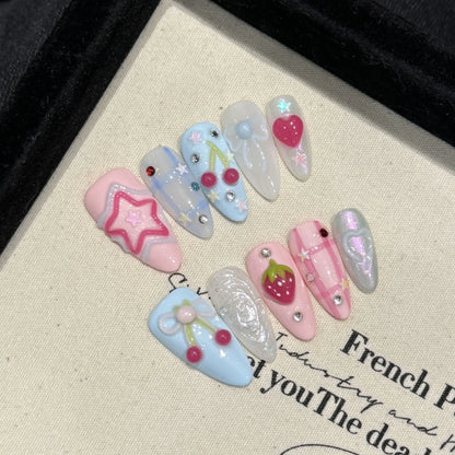 Handmade Press on Nails Ins Sweet Pink Blue Color Fake Nails for Girls Wearable 3D Cherry Love Star Korean Cute False Nail Tips Good Vibrations