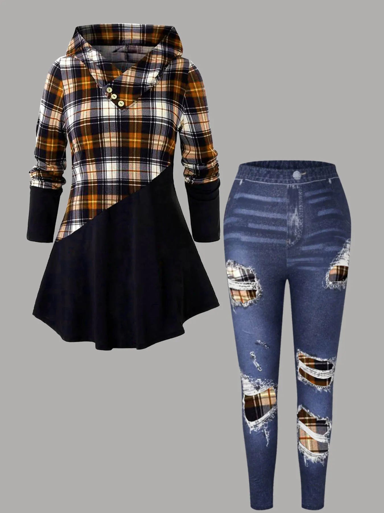 Women Plus Size Two Piece Set Hooded Plaid Print Patchwork Tops and High Waist Leggings Matching Set Long Sleeve Autumn Outfit Good Vibrations