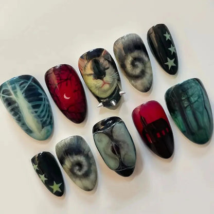 10pcs Dark Black Style Handmade Fake Nails Y2k Star Horor Foreat Designs Press On Nails Halloween Wearable Almond False Nail Good Vibrations