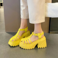 Womens Roman Sandals Hollow High Heel Thick Bottom Gladiator Sandals Womens Buckle Womens Shoes Non-slip Outdoor Beach Shoes Good Vibrations