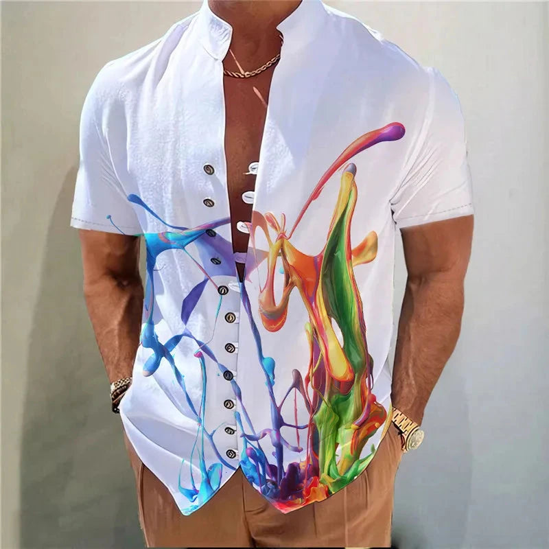 Men Shirts New Print Button Shirt Fashion Stand Collar Loose Fitting Men's Shirts Casual Streetwear Comfortable Good Vibrations