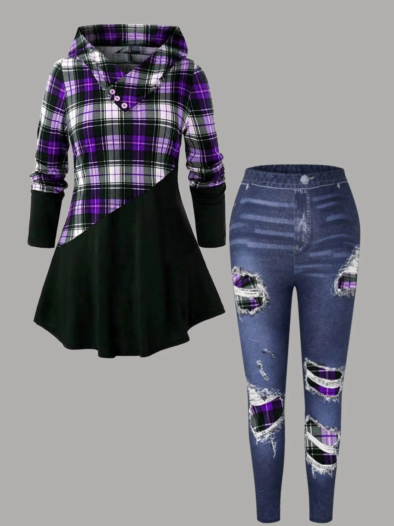 Women Plus Size Two Piece Set Hooded Plaid Print Patchwork Tops and High Waist Leggings Matching Set Long Sleeve Autumn Outfit Good Vibrations