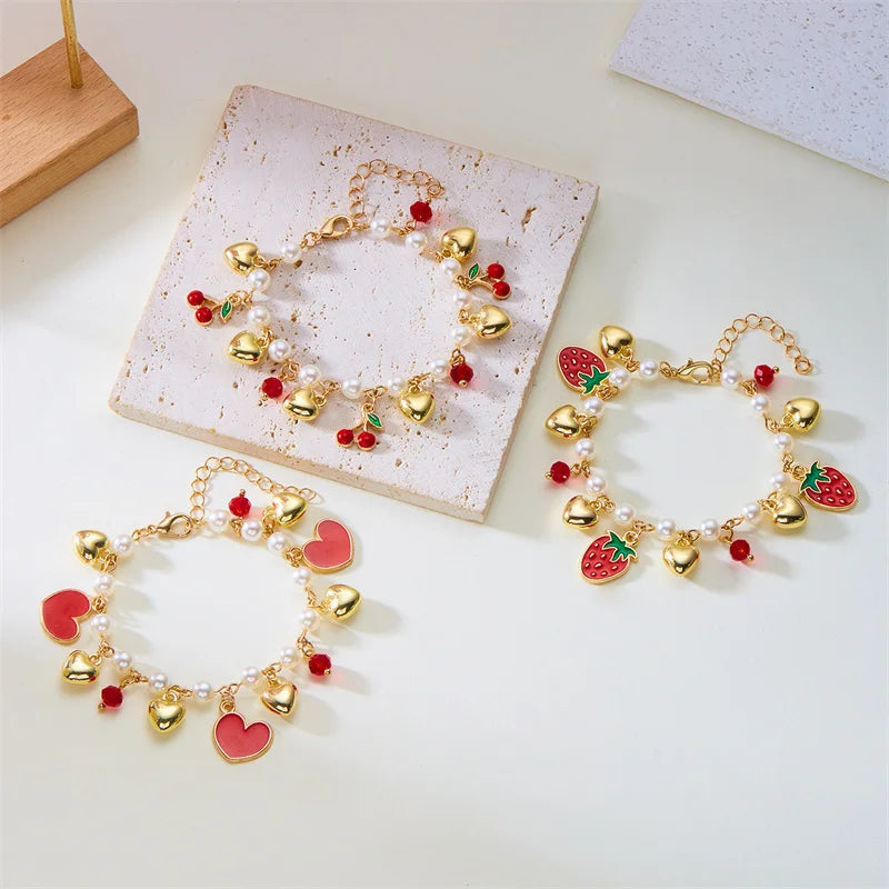 Charm Red Strawberry Bracelet For Women Cute Cherry Heart Shape Fruit Pearl Metal Chain Wristband Girls Party Friendship Jewelry Good Vibrations