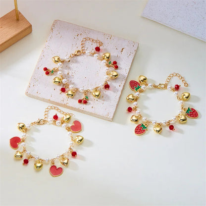 Charm Red Strawberry Bracelet For Women Cute Cherry Heart Shape Fruit Pearl Metal Chain Wristband Girls Party Friendship Jewelry Good Vibrations