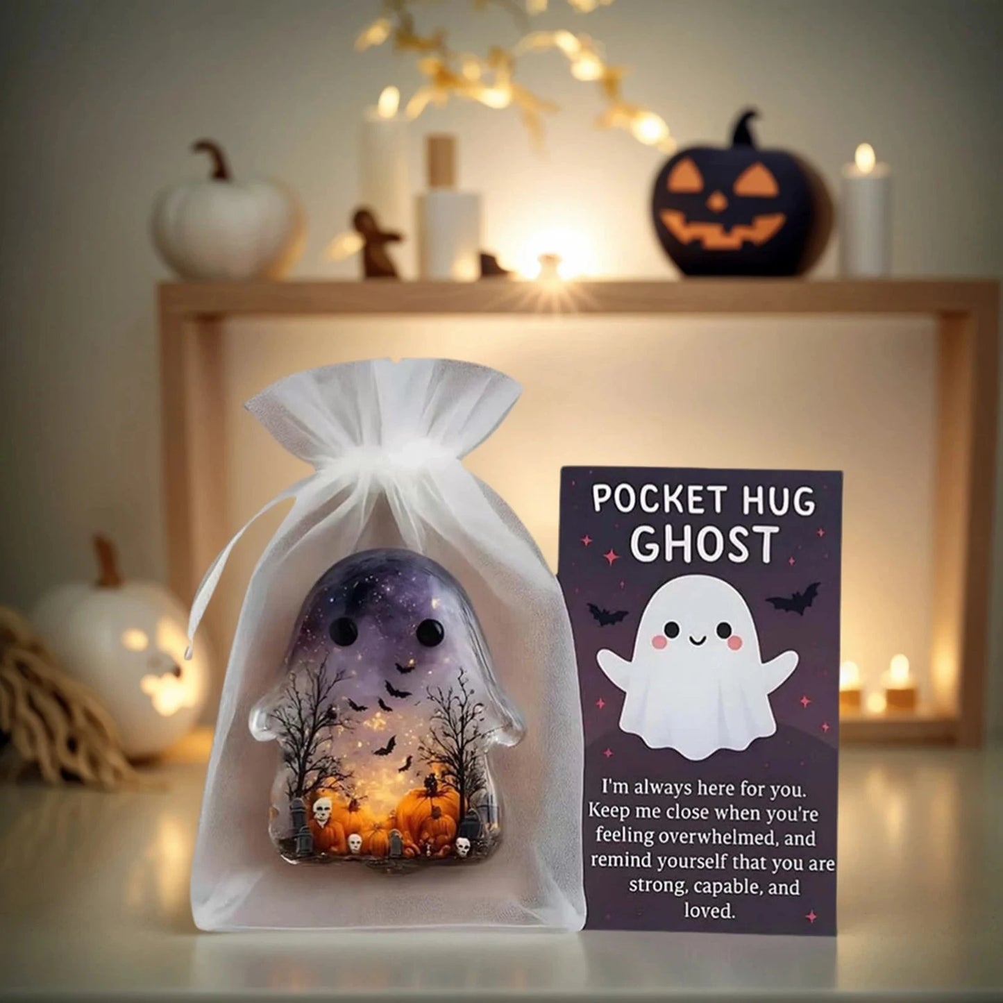 2Pcs Pockets Hug Ghost Halloween Acrylic Mini Ghosts Statue Inspirational Pocket Hug Ornaments With Positive Card For Party Gift Good Vibrations