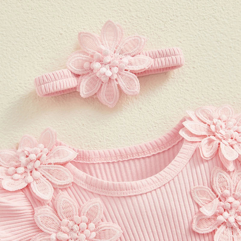 3D Flower Summer Baby Girls Romper Princess Mesh Newborn Clothes Lace Patchwork Ruffle Bodysuit Dress Headband Kids Clothing Good Vibrations