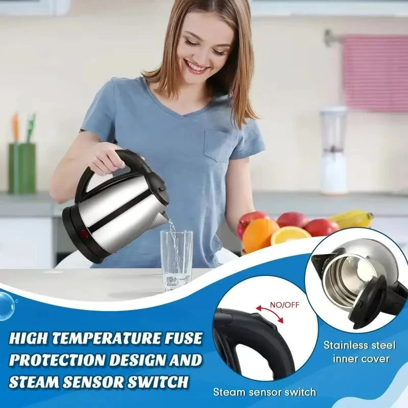Travel Electric Kettle Tea Coffee 2L Stainless Steel Portable Water Boiler Pot For Hotel Family Trip Kitchen Smart Kettle Pot Good Vibrations