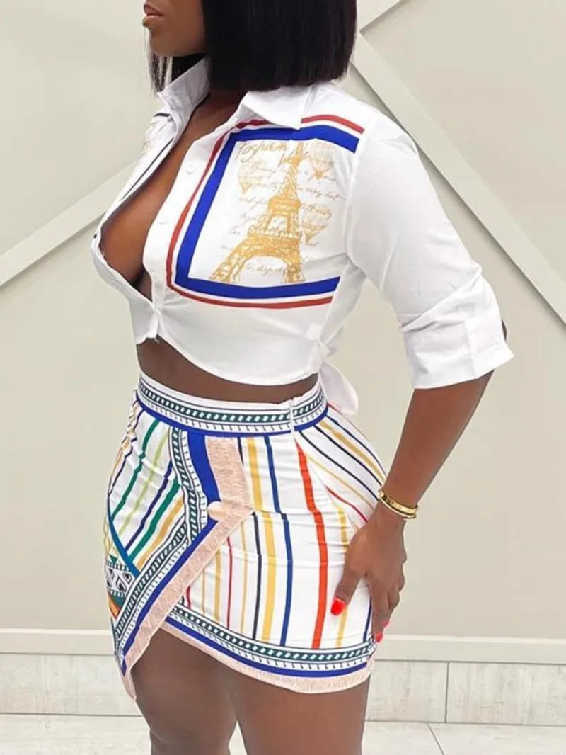 Two Piece Set Women Outfit Summer Fashion Graphic Print Buttoned Turn-Down Collar Shirt & Striped Asymmetrical Skirt Set O9ZA Good Vibrations
