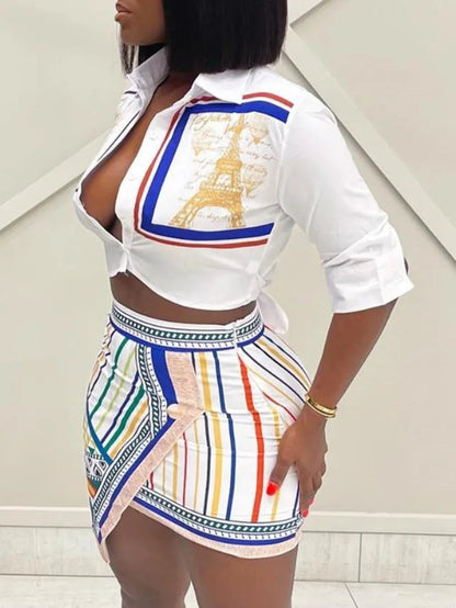 Two Piece Set Women Outfit Summer Fashion Graphic Print Buttoned Turn-Down Collar Shirt & Striped Asymmetrical Skirt Set O9ZA Good Vibrations
