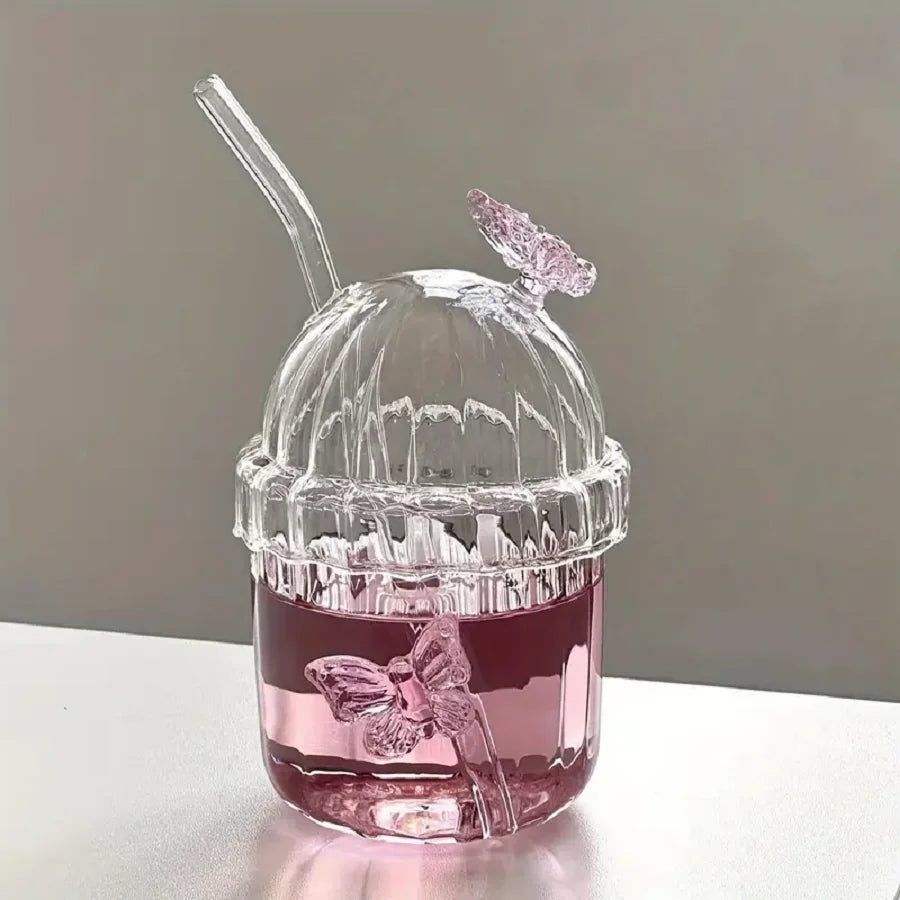 1PCS 400ML Drinking Glass Cup Set with Butterfly Design for Iced Coffee, Juice, Tea & Milk, Perfect Birthday and Holiday Gifts Good Vibrations
